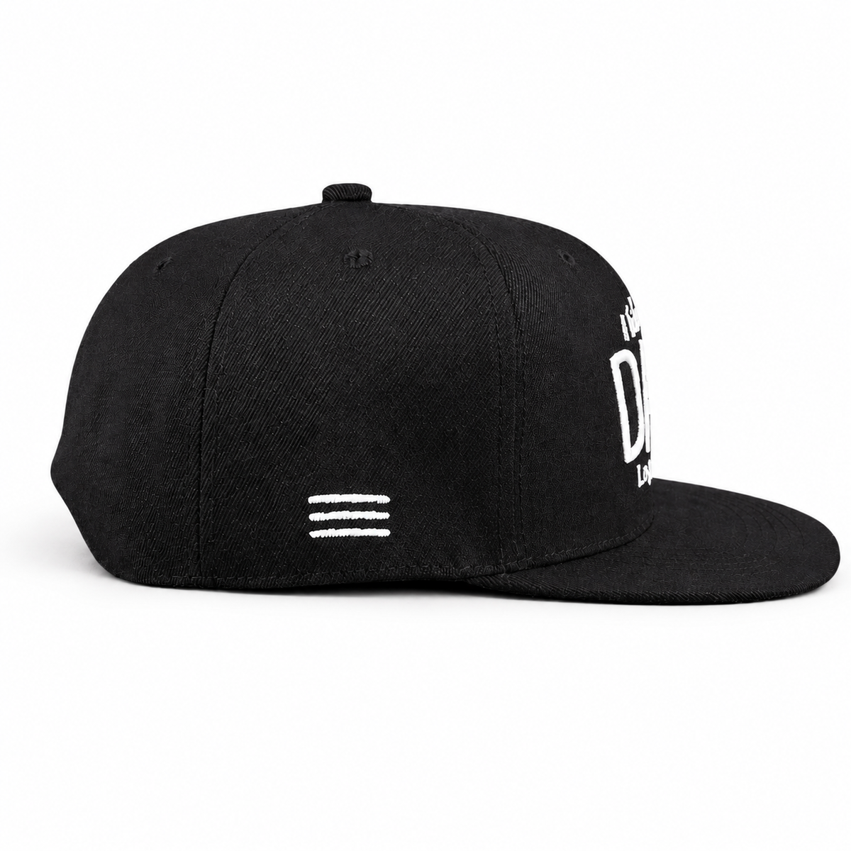 Black cap with white text and logo on a gray background