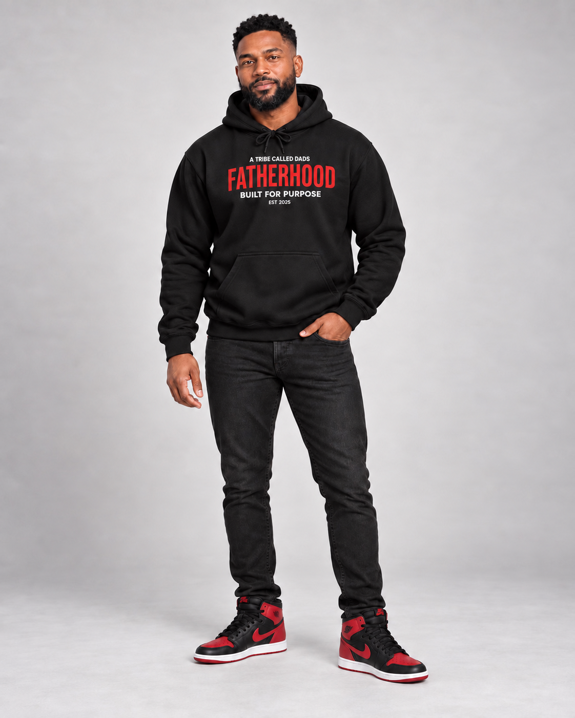 Model wearing the Built For Purpose Hoodie in Legacy Black