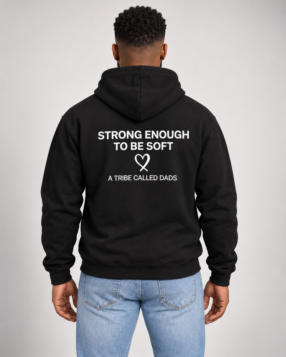 Black Lead With Love hoodie back view showing Strong Enough To Be Soft artwork