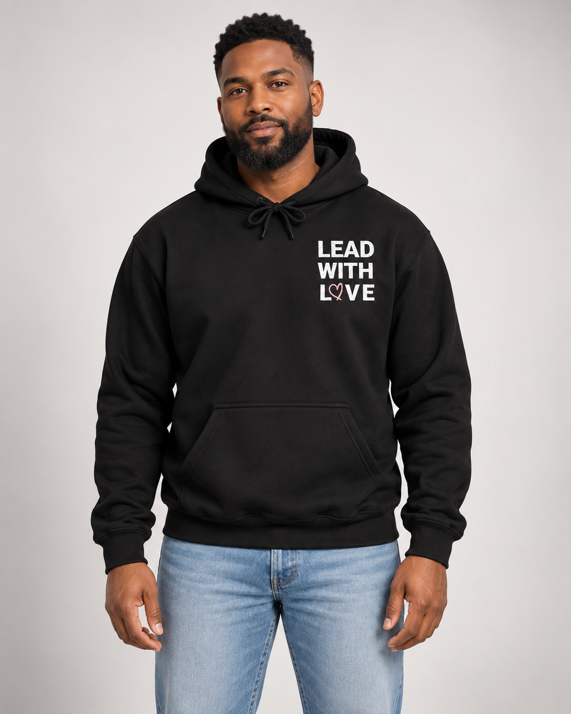 Black Lead With Love hoodie front view on model
