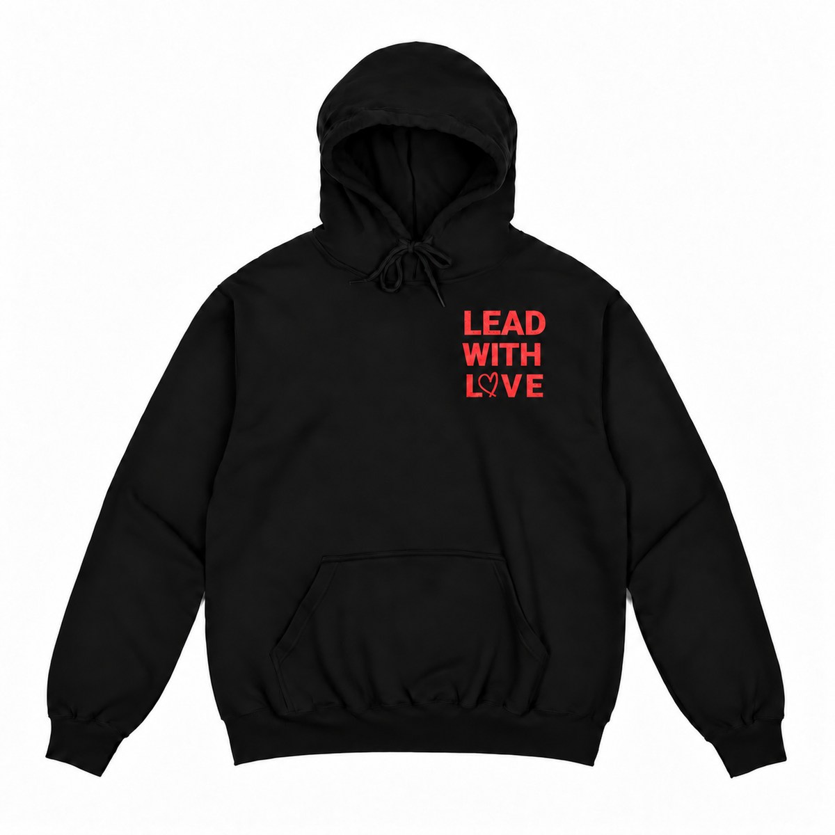 Black Lead With Love hoodie with red print front flat lay