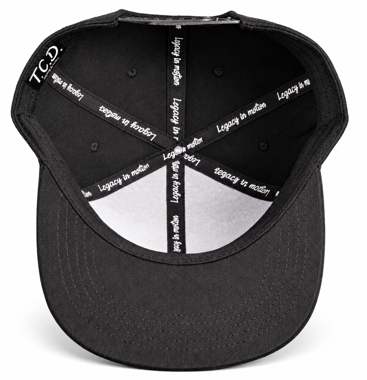 Black cap with white text on a gray background